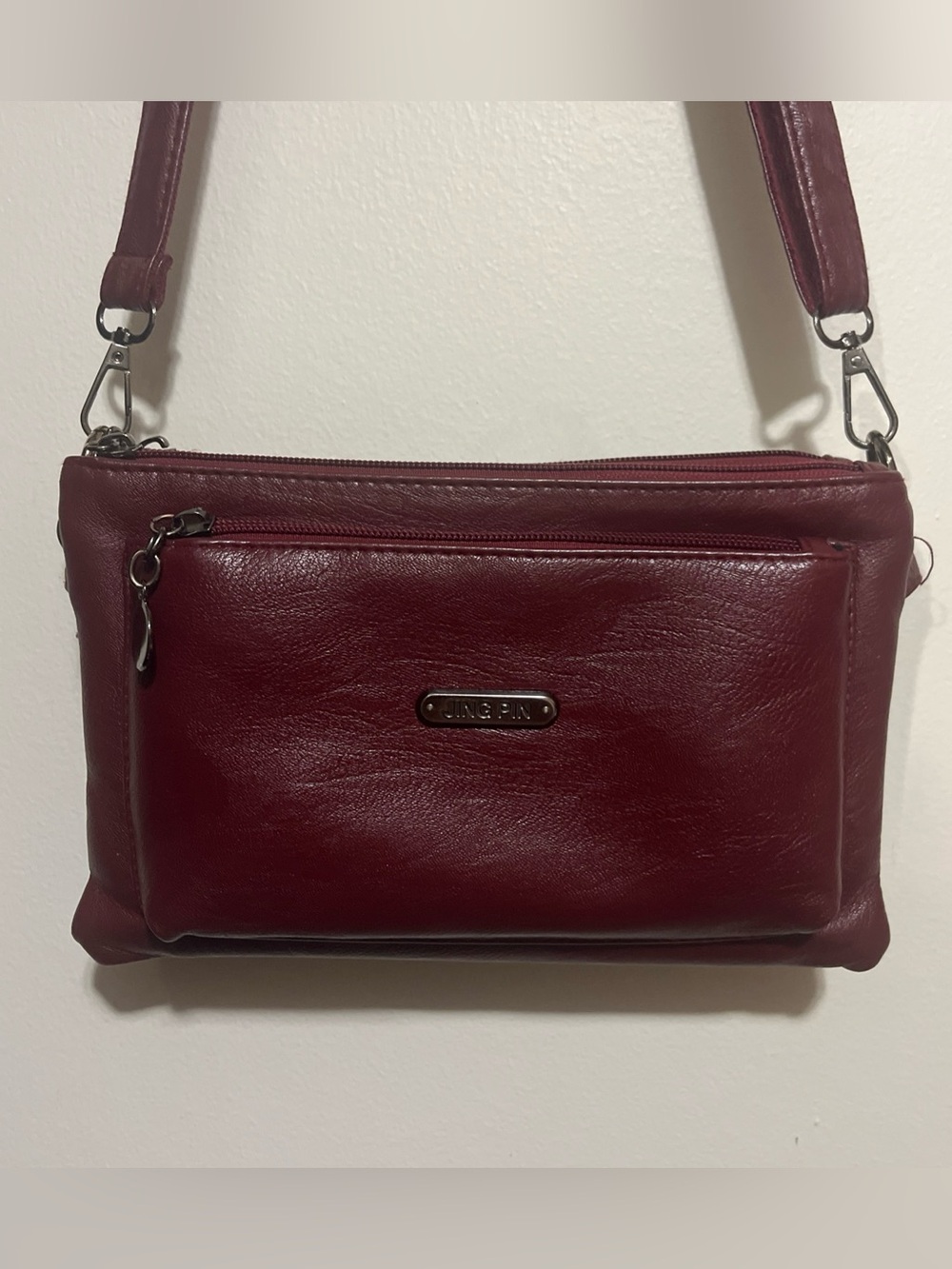 Jing Pin Wine Crossbody Bag with Front Zip Pocket